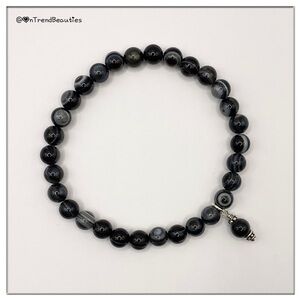 🌷Stackable 6mm Black Eyed Agate Semi-Precious Bead .925 Dangle Stretch Bracelet